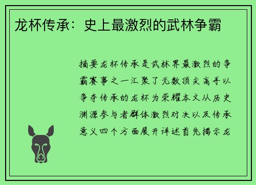 龙杯传承：史上最激烈的武林争霸