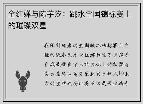 全红婵与陈芋汐：跳水全国锦标赛上的璀璨双星